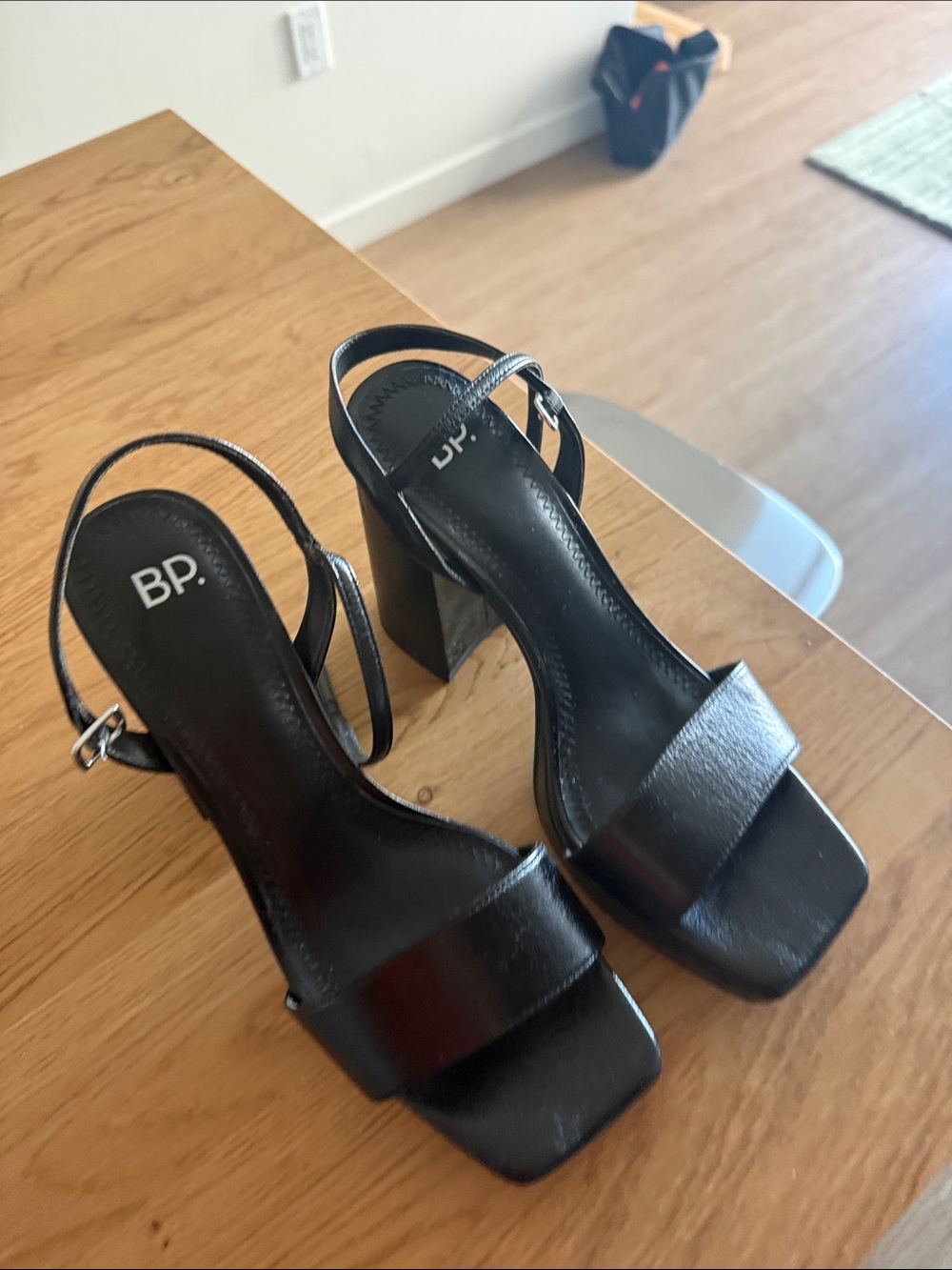 BP Black Square-Toe Block Heel Sandals with Ankle Strap